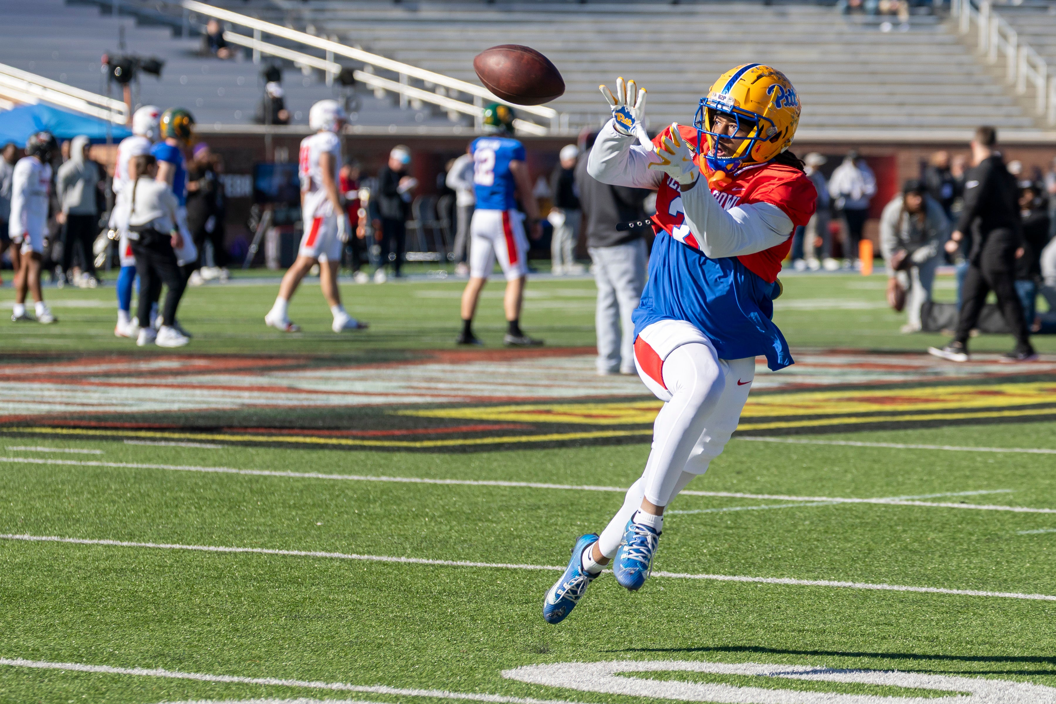 Jan 28, 2026; Mobile, AL, USA; National Team linebacker Kyle Louis (31) of Pittsburgh practices during National Senior Bowl practice at Hancock Whitney Stadium.