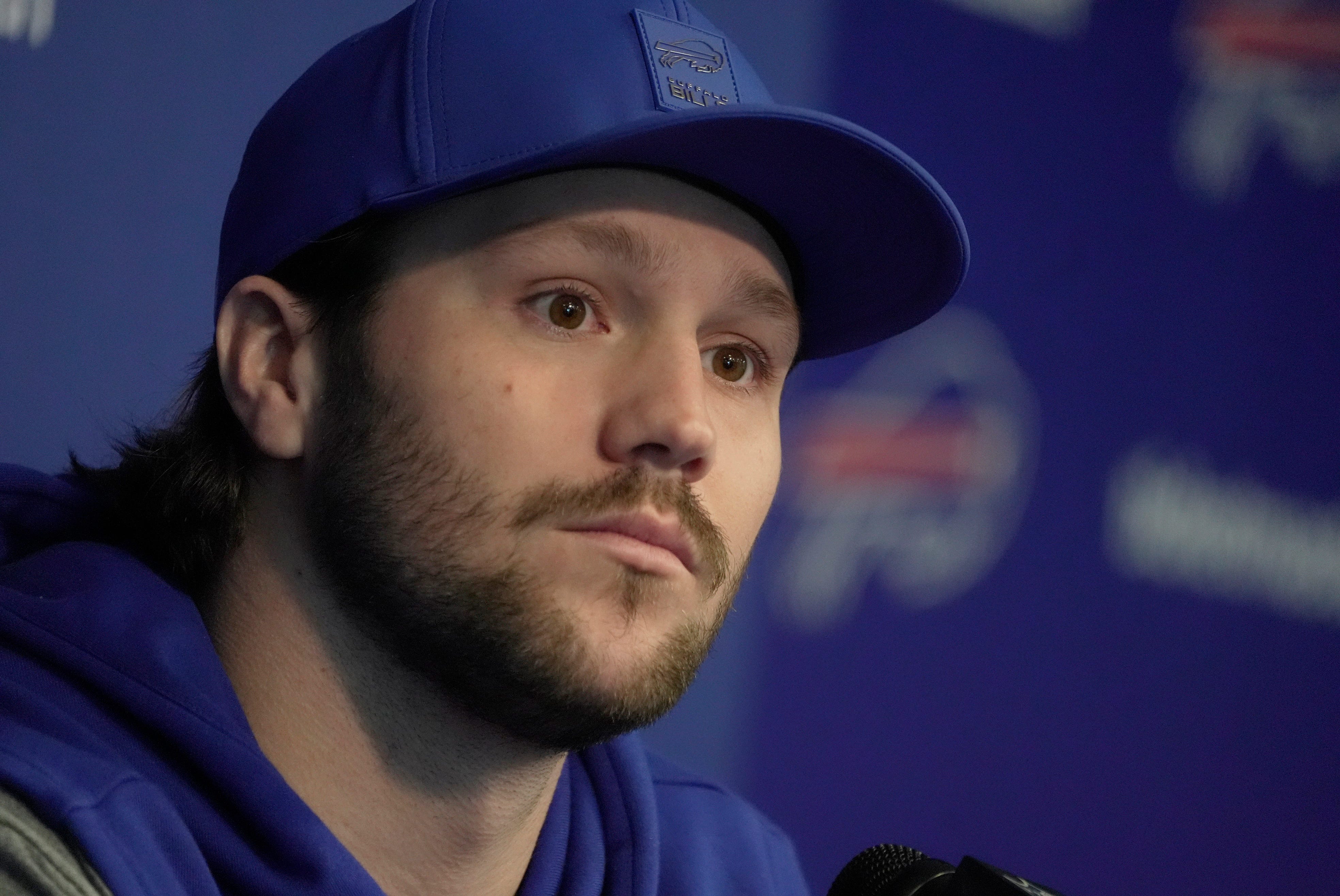 Bills quarterback Josh Allen answer a range of questions after the press conference introducing Joe Brady as the new head coach at the Bills field house in Orchard Park on Jan. 29, 2026.