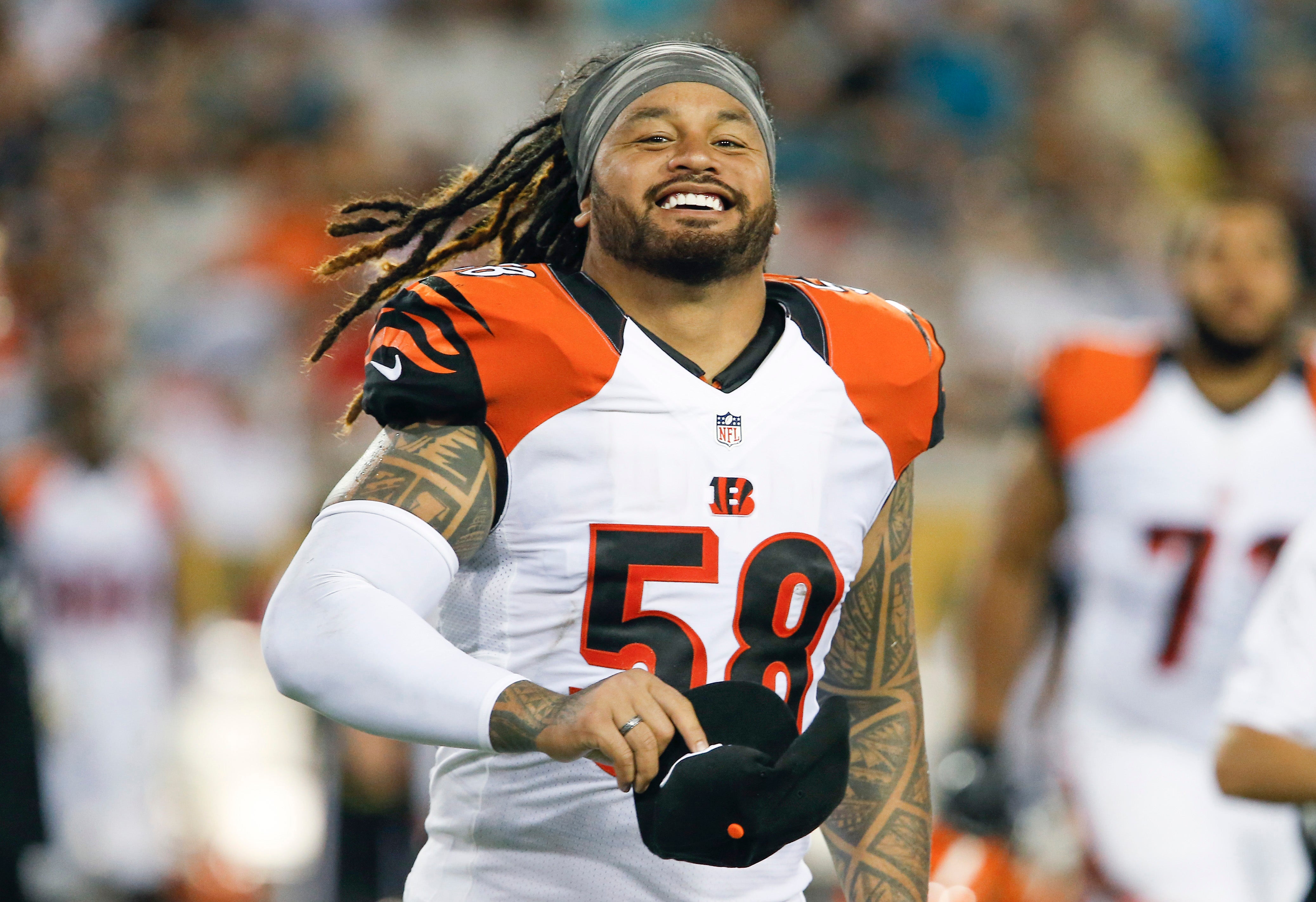 Aug 28, 2016; Jacksonville, FL, USA; Cincinnati Bengals middle linebacker Rey Maualuga (58) heads for the locker room at the half during a football game against the Jacksonville Jaguars at EverBank Field.