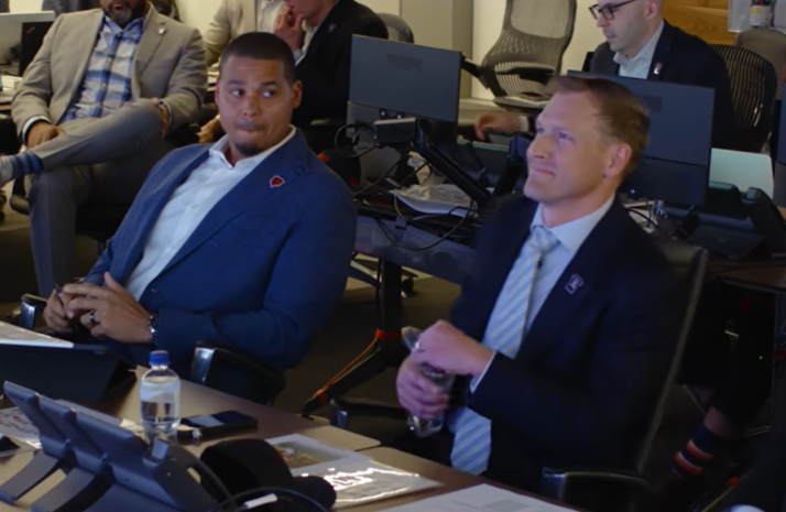 Chicago Bears general manager Ryan Poles and head coach Ben Johnson during the 2025 NFL Draft.
