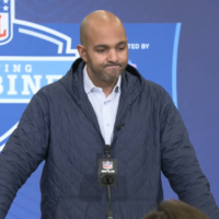 Atlanta Falcons general manager Ian Cunningham speaks with the media at the NFL Scouting Combine.