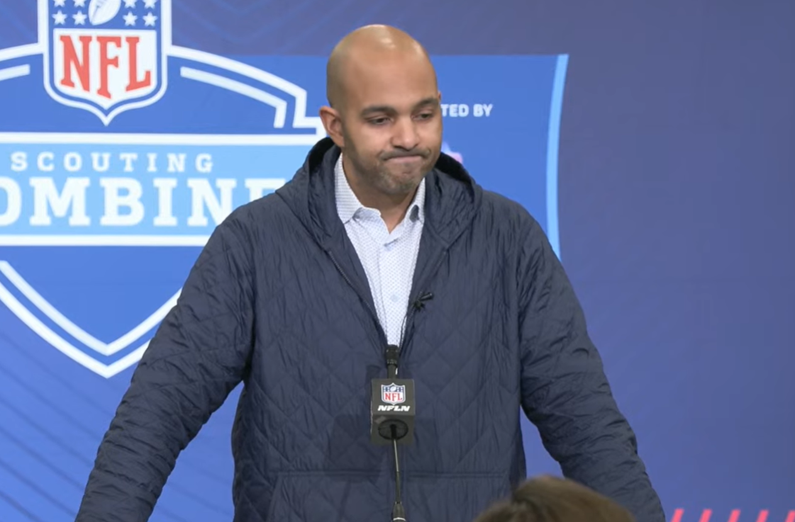 Atlanta Falcons general manager Ian Cunningham speaks with the media at the NFL Scouting Combine.