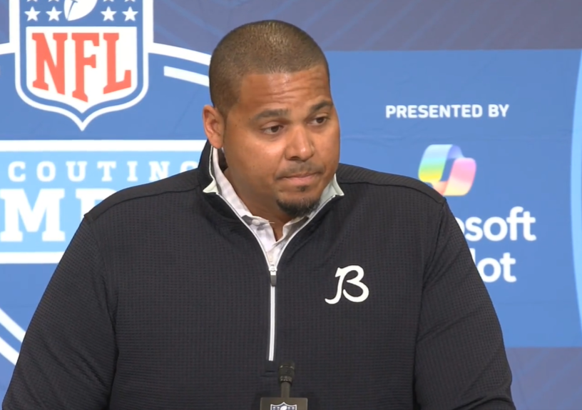 Chicago Bears general manager Ryan Poles speaks with the media at the NFL Scouting Combine.