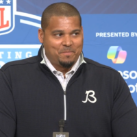 Chicago Bears general manager Ryan Poles speaking with reporters during the NFL Scouting Combine.
