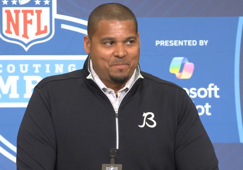 Chicago Bears general manager Ryan Poles speaking with reporters during the NFL Scouting Combine.