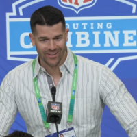 Carolina Panthers head coach Dave Canales speaks with reporters at the NFL Scouting Combine.