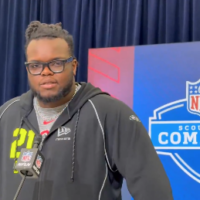 Ohio State defensive tackle Kayden McDonald speaks with reporters at the NFL Scouting Combine.