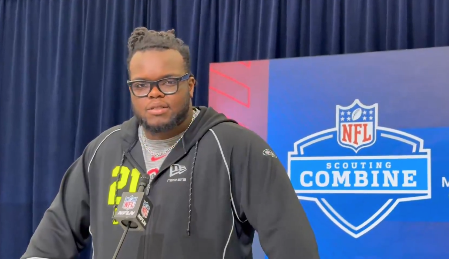Ohio State defensive tackle Kayden McDonald speaks with reporters at the NFL Scouting Combine.