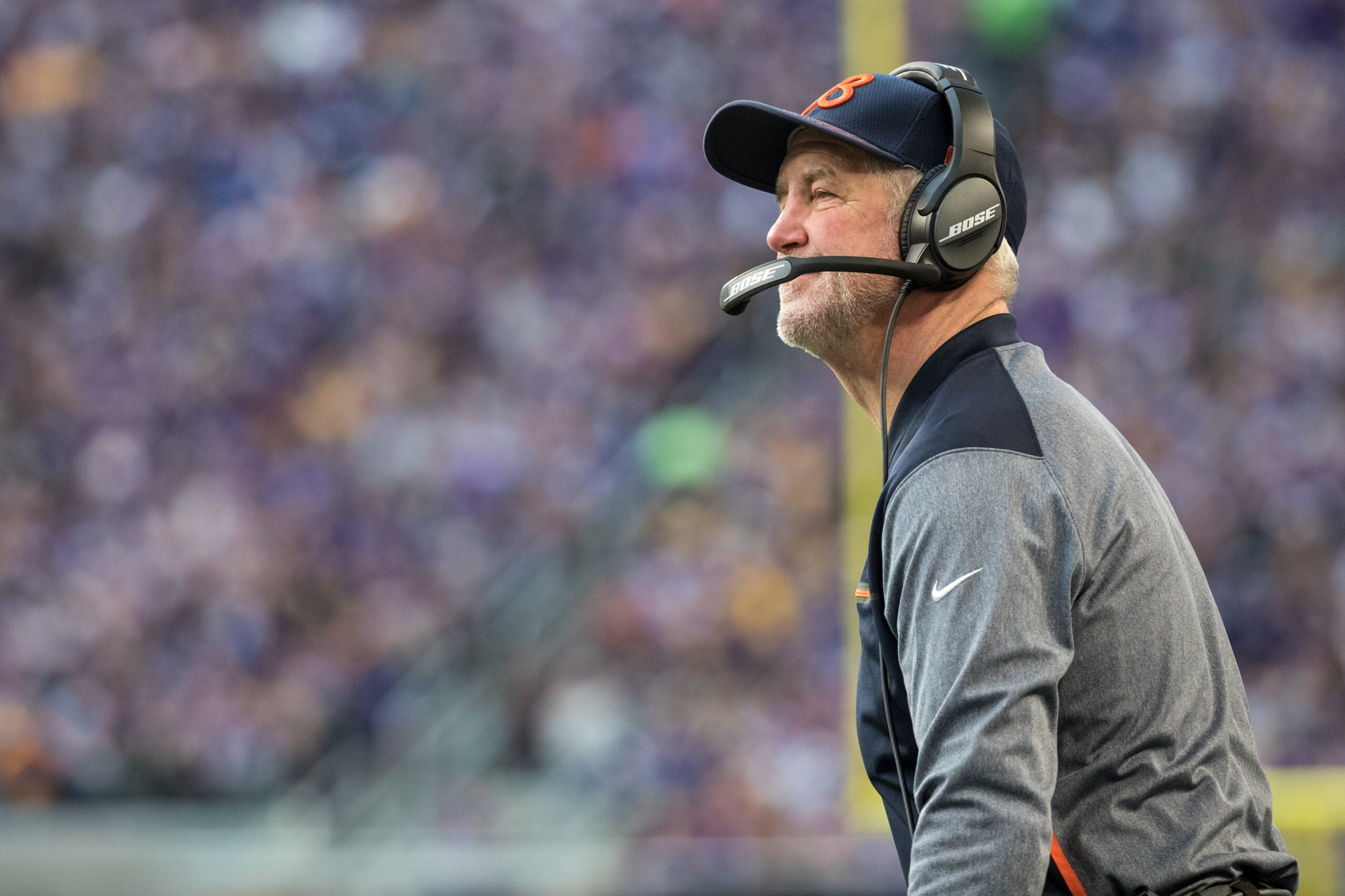 Dec 31, 2017; Minneapolis, MN, USA; Chicago Bears head coach John Fox looks on during the third quarter against the Minnesota Vikings at U.S. Bank Stadium.