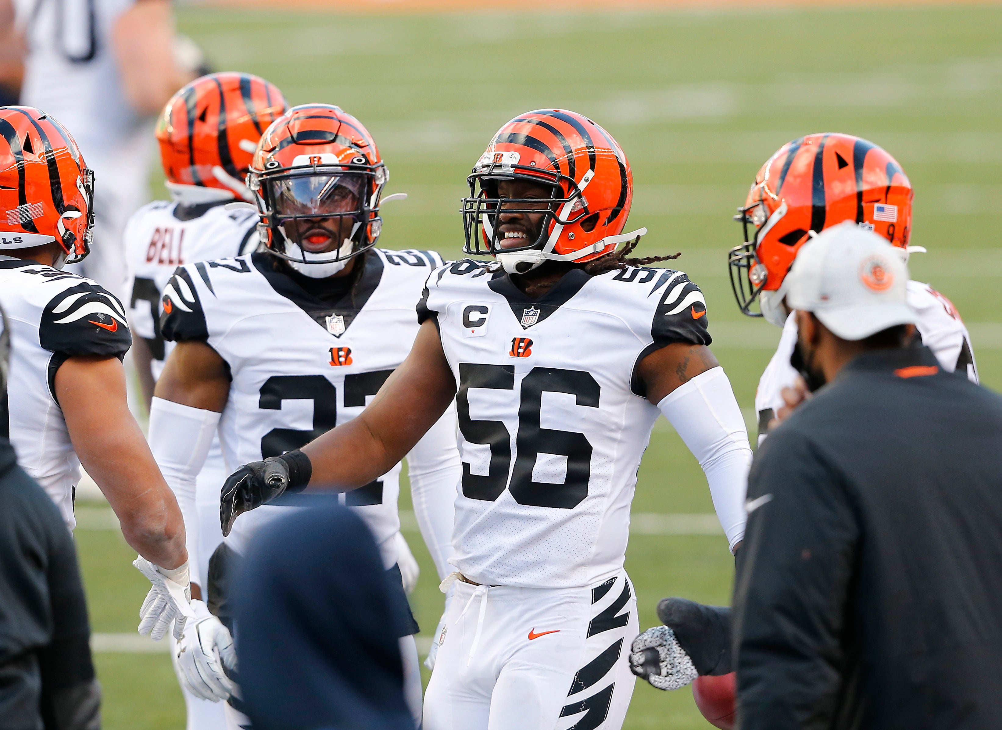 Nov 1, 2020; Cincinnati, Ohio, USA; Cincinnati Bengals middle linebacker Josh Bynes (56) celebrates after making an interception against the Tennessee Titans during the fourth quarter at Paul Brown Stadium.