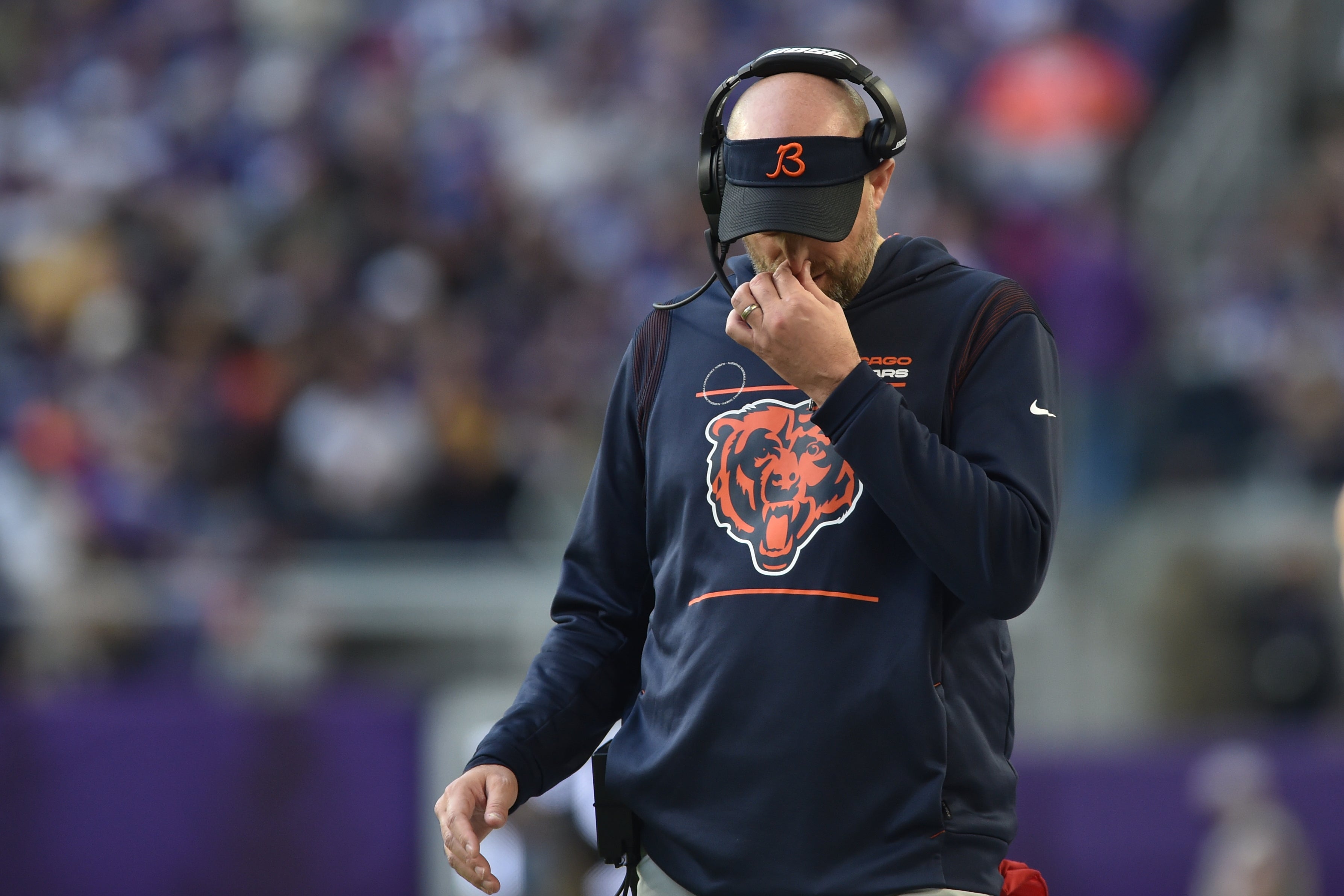Jan 9, 2022; Minneapolis, Minnesota, USA; Chicago Bears head coach Matt Nagy reacts against the Minnesota Vikings during the fourth quarter at U.S. Bank Stadium.