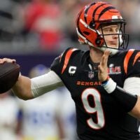 Cincinnati Bengals quarterback Joe Burrow (9) throws in the second quarter during Super Bowl 56 against the Los Angeles Rams, Sunday, Feb. 13, 2022, at SoFi Stadium in Inglewood, Calif.