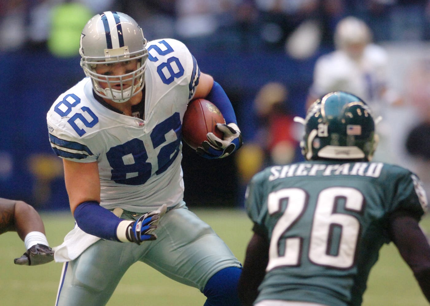 Dallas Cowboys tight end Jason Witten (82) is confronted by Eagles' cornerback Lito Sheppard (26) during a 2007 game at Texas Stadium.