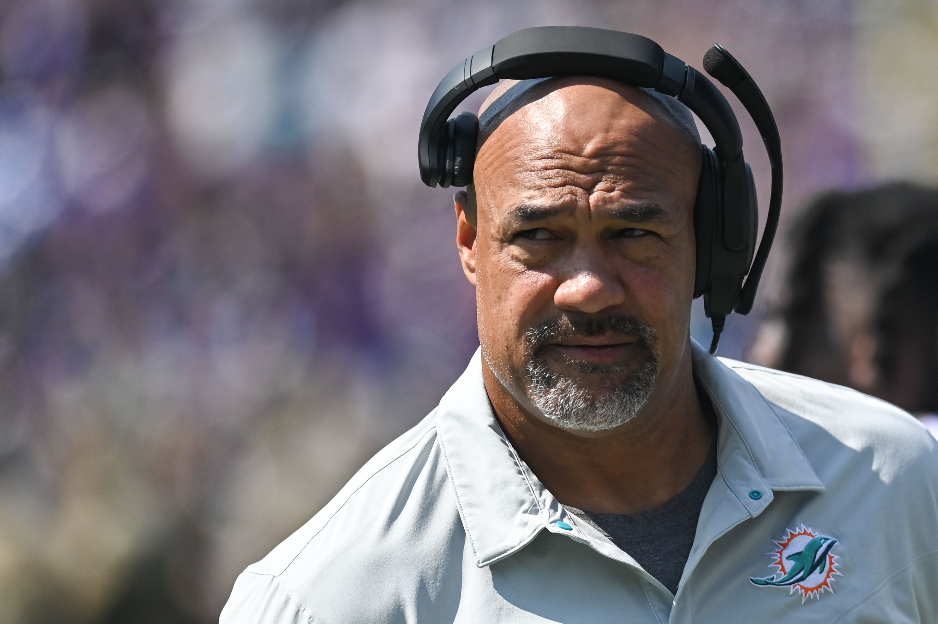 Sep 18, 2022; Baltimore, Maryland, USA; Miami Dolphins associate head coach Eric Studesville during the game against the Baltimore Ravens at M&T Bank Stadium.
