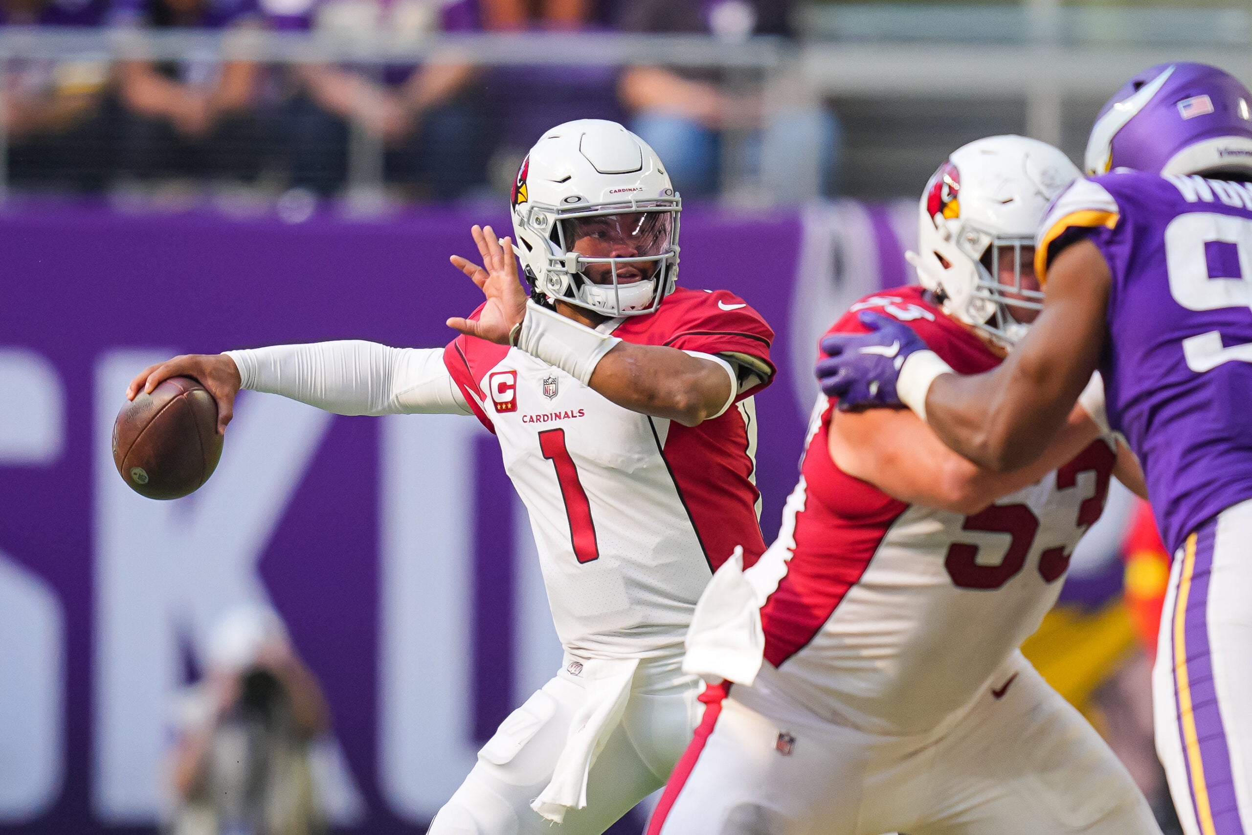 Oct 30, 2022; Minneapolis, Minnesota, USA; Arizona Cardinals quarterback Kyler Murray (1) passes against the Minnesota Vikings in the third quarter at U.S. Bank Stadium.