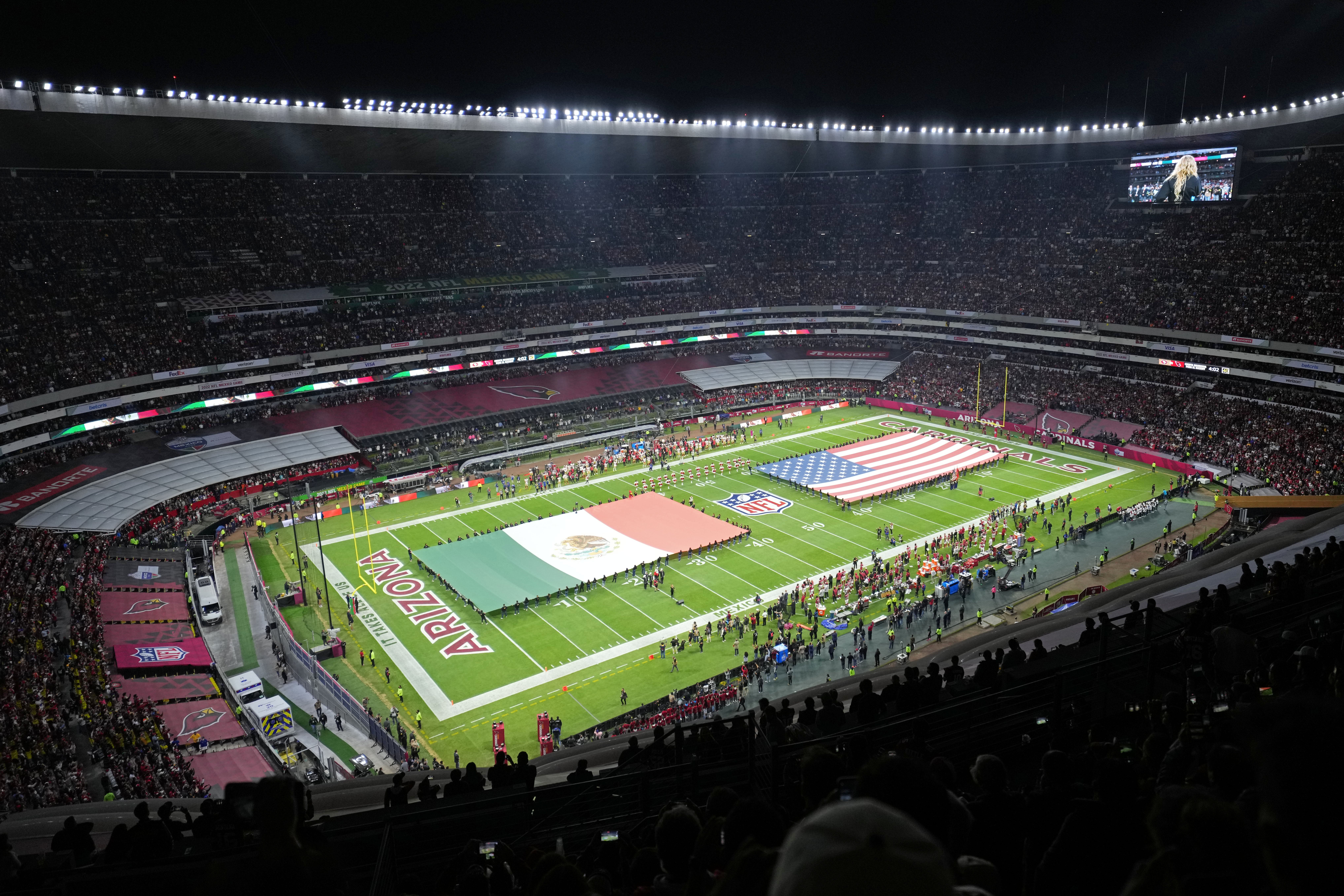 Nov 21, 2022; Mexico City, MEXICO; A general view inside Estadio Azteca as the national anthems are played prior to the Monday Night Football game between the Arizona Cardinals and the San Francisco 49ers.