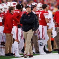 Nov 26, 2022; Madison, Wisconsin, USA; Wisconsin Badgers head coach Jim Leonhard looks on during the first quarter against the Minnesota Golden Gophers at Camp Randall Stadium.