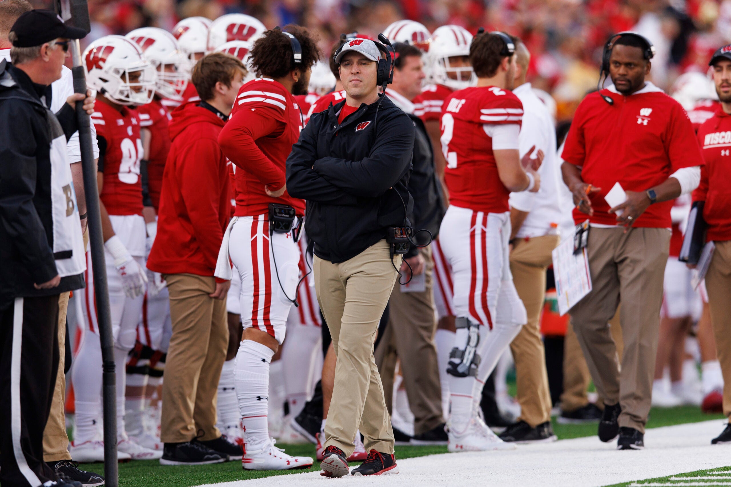 Nov 26, 2022; Madison, Wisconsin, USA; Wisconsin Badgers head coach Jim Leonhard looks on during the first quarter against the Minnesota Golden Gophers at Camp Randall Stadium.