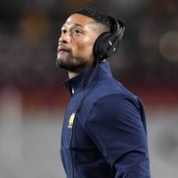 Nov 26, 2022; Los Angeles, California, USA; Notre Dame Fighting Irish head coach Marcus Freeman reacts in the first half against the Southern California Trojans at United Airlines Field at Los Angeles Memorial Coliseum. Mandatory Credit: Kirby Lee-USA TODAY Sports