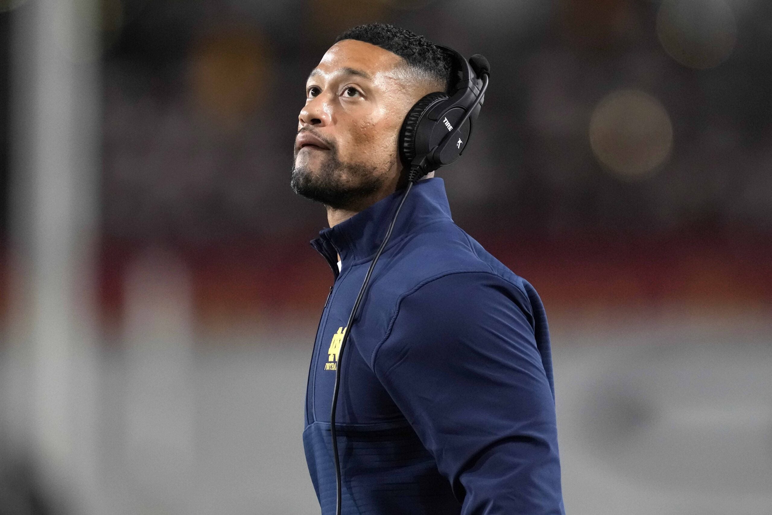 Nov 26, 2022; Los Angeles, California, USA; Notre Dame Fighting Irish head coach Marcus Freeman reacts in the first half against the Southern California Trojans at United Airlines Field at Los Angeles Memorial Coliseum. Mandatory Credit: Kirby Lee-USA TODAY Sports