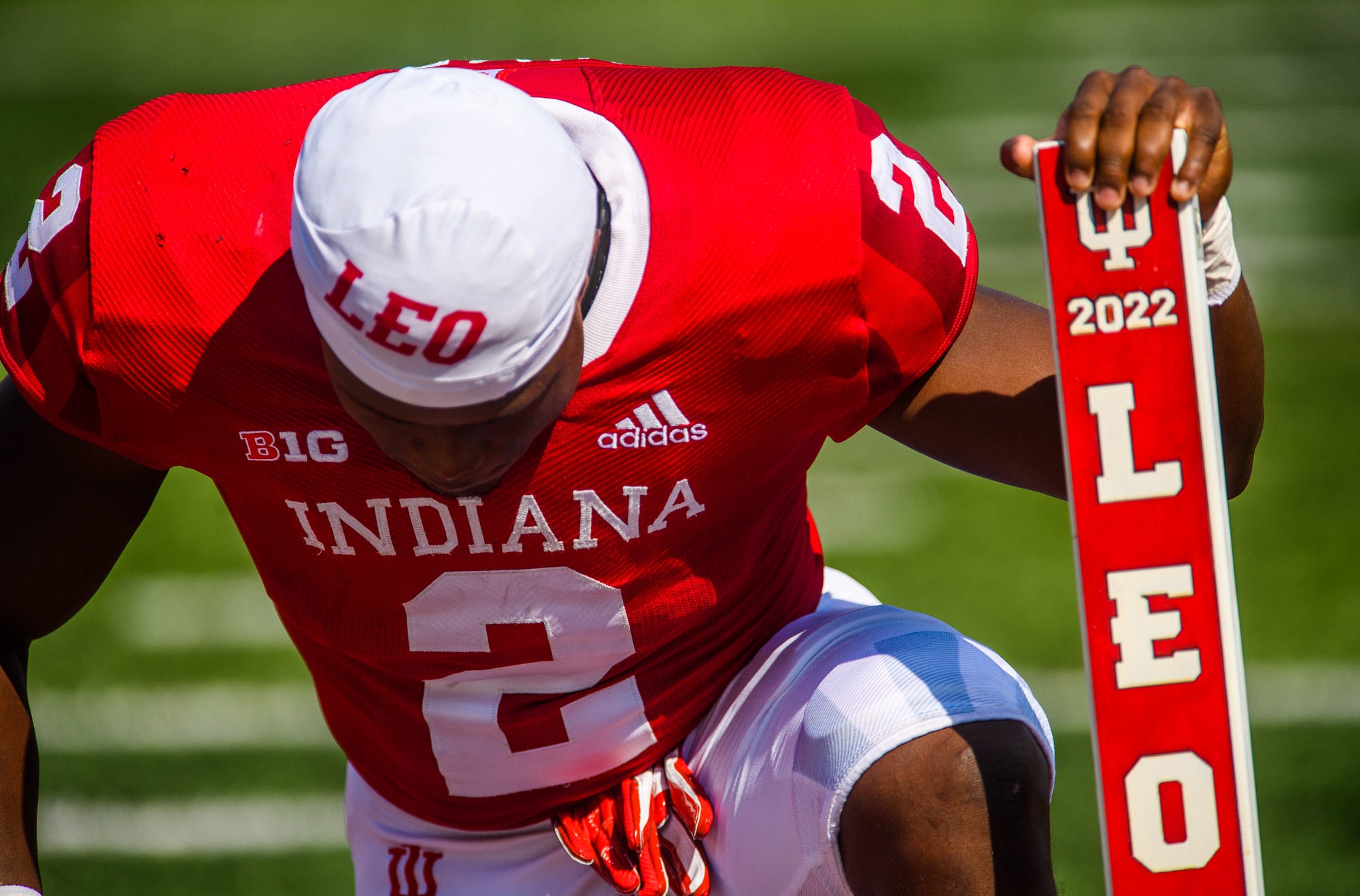 Indiana's Shaun Shivers (2) takes a moment before the Indiana versus Western Kentucky football game at Memorial Stadium on Sept. 17, 2022.