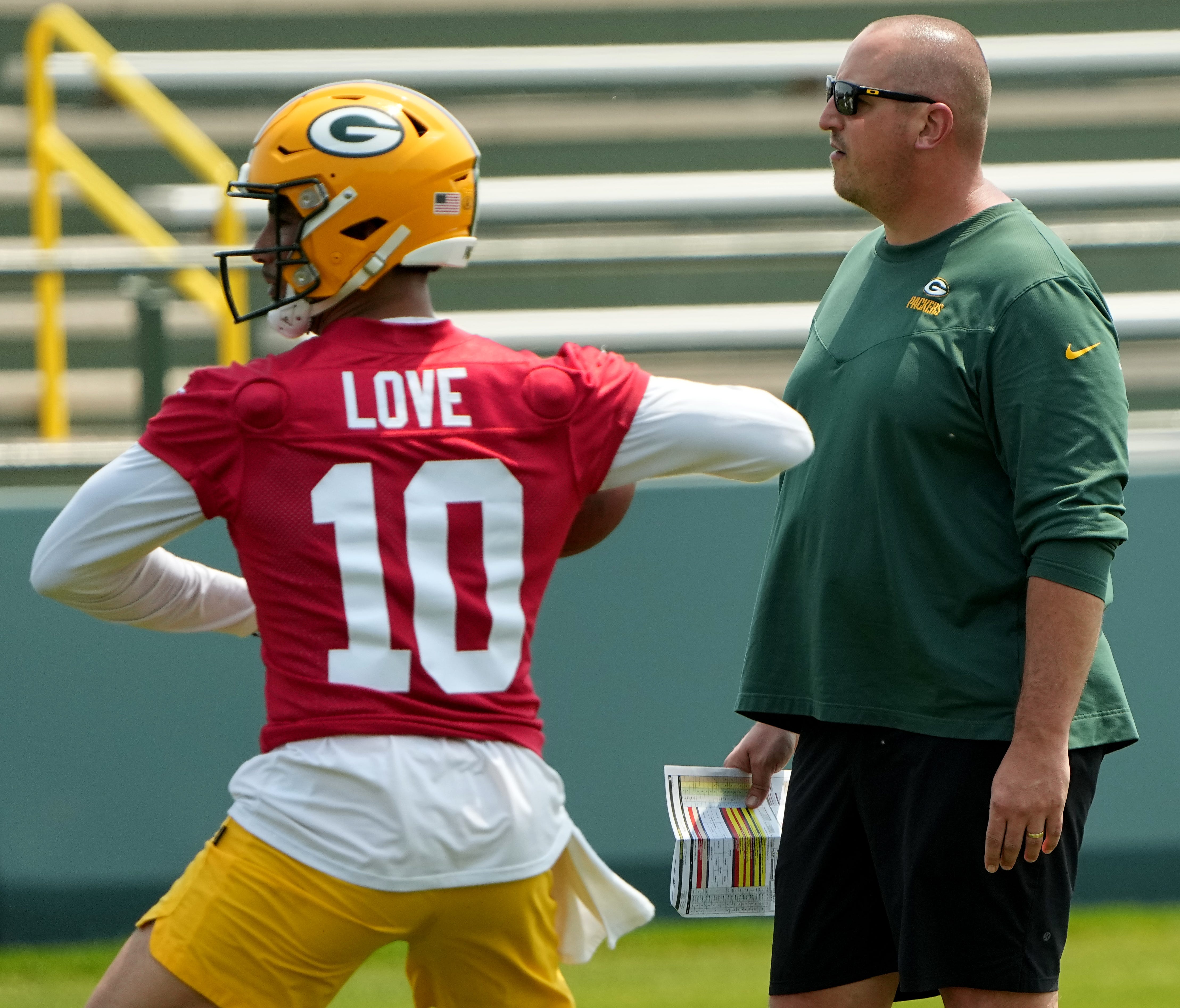 Green Bay Packers offensive coordinator Adam Stenavich is shown during organized team activities Tuesday, May 23, 2023 in Green Bay, Wis.