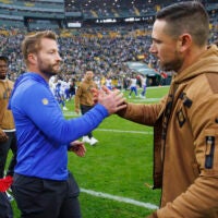 Nov 5, 2023; Green Bay, Wisconsin, USA; Los Angeles Rams head coach Sean McVay greets Green Bay Packers head coach Matt LaFleur following the game at Lambeau Field.
