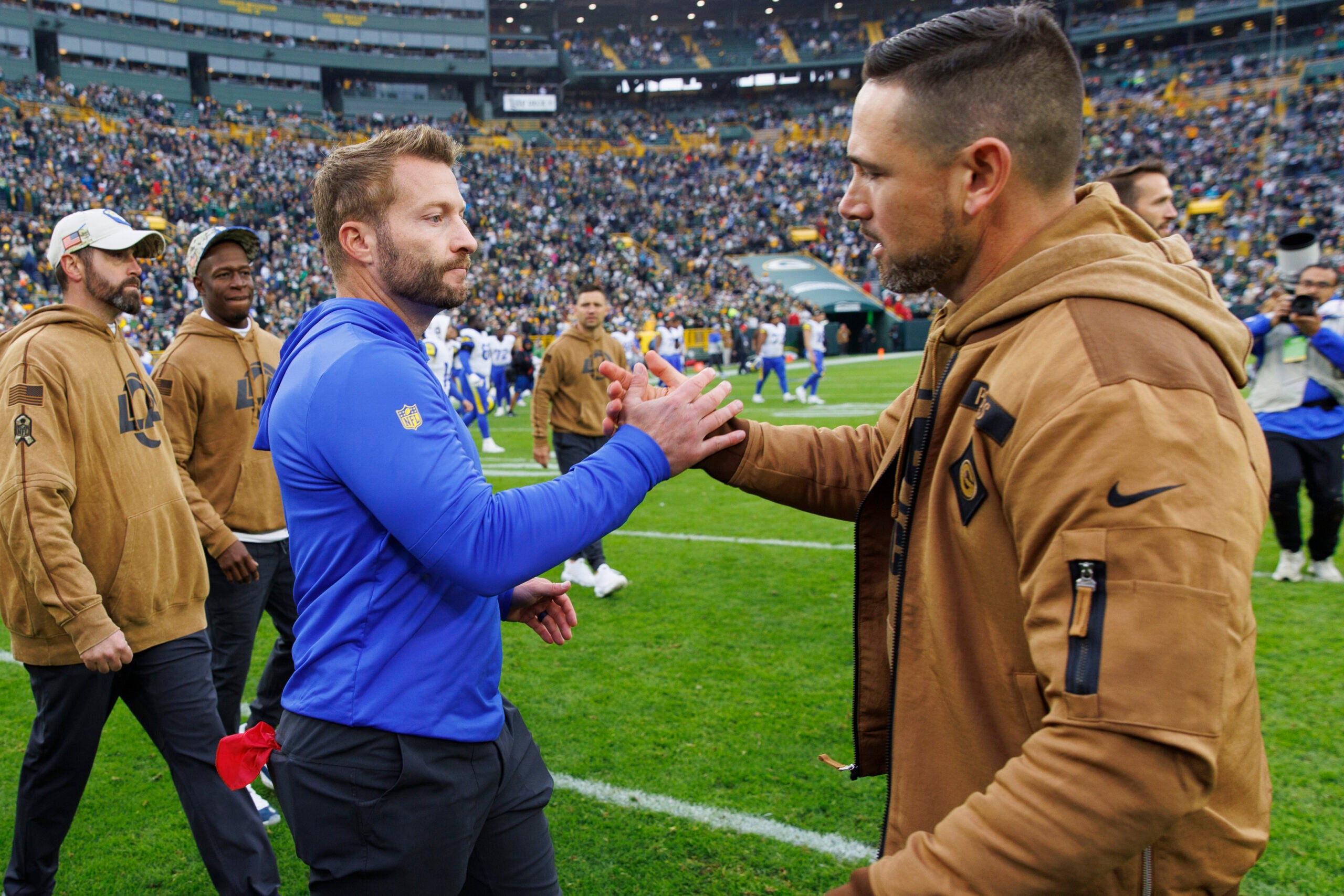 Nov 5, 2023; Green Bay, Wisconsin, USA; Los Angeles Rams head coach Sean McVay greets Green Bay Packers head coach Matt LaFleur following the game at Lambeau Field.