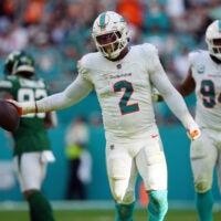 Dec 17, 2023; Miami Gardens, Florida, USA; Miami Dolphins linebacker Bradley Chubb (2) celebrates after recovering a fumble during the second half against the New York Jets at Hard Rock Stadium.