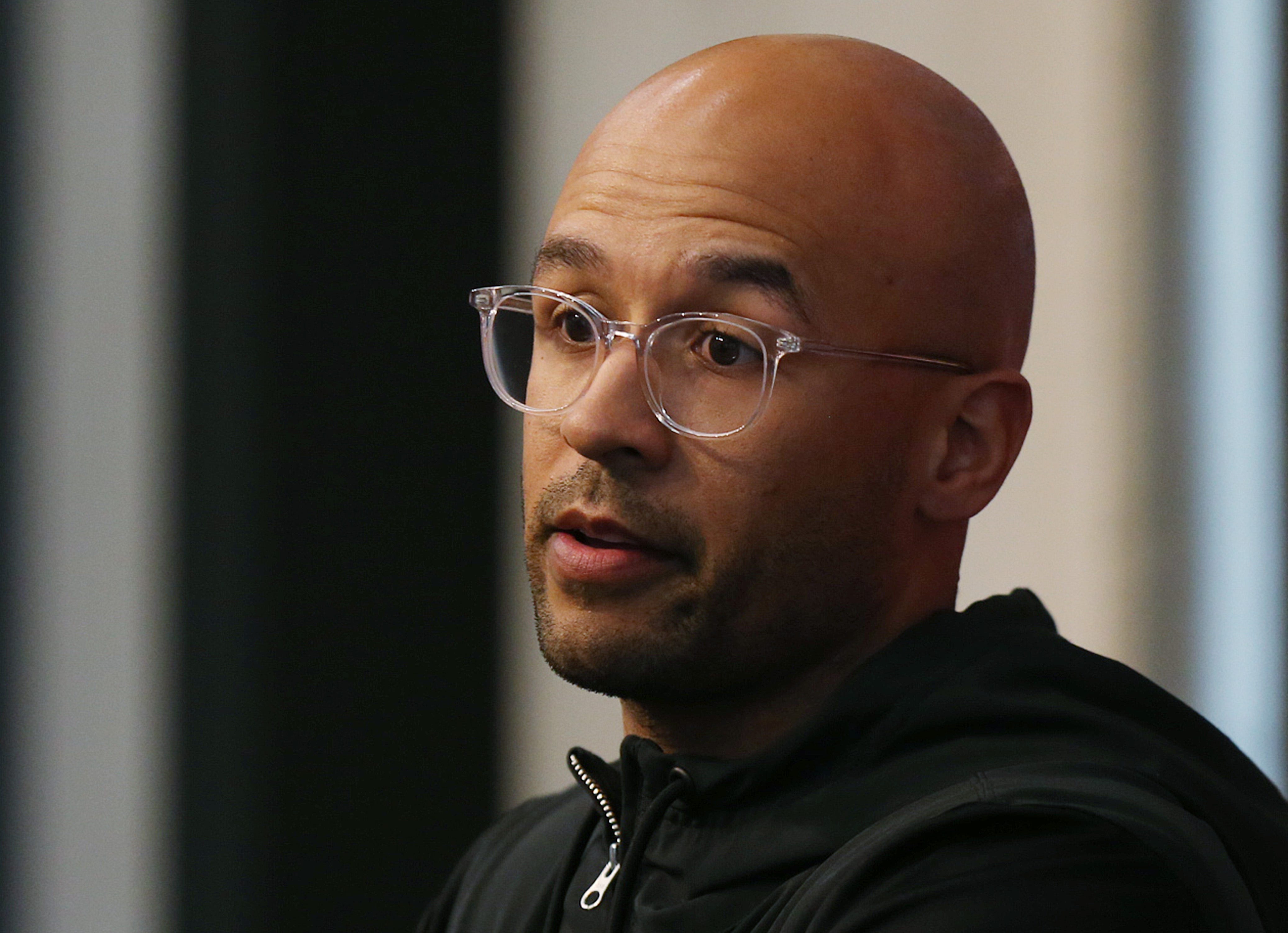 Iowa State's wide receiver coach Noah Pauley talks to media at the school football facility on Wednesday, April 10, 2024, in Ames, Iowa.