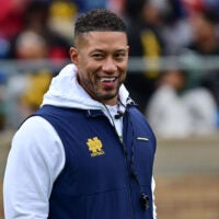 Apr 20, 2024; Notre Dame, IN, USA; Notre Dame Fighting Irish head coach Marcus Freeman watches in the Blue-Gold game at Notre Dame Stadium. Mandatory Credit: Matt Cashore-USA TODAY Sports
