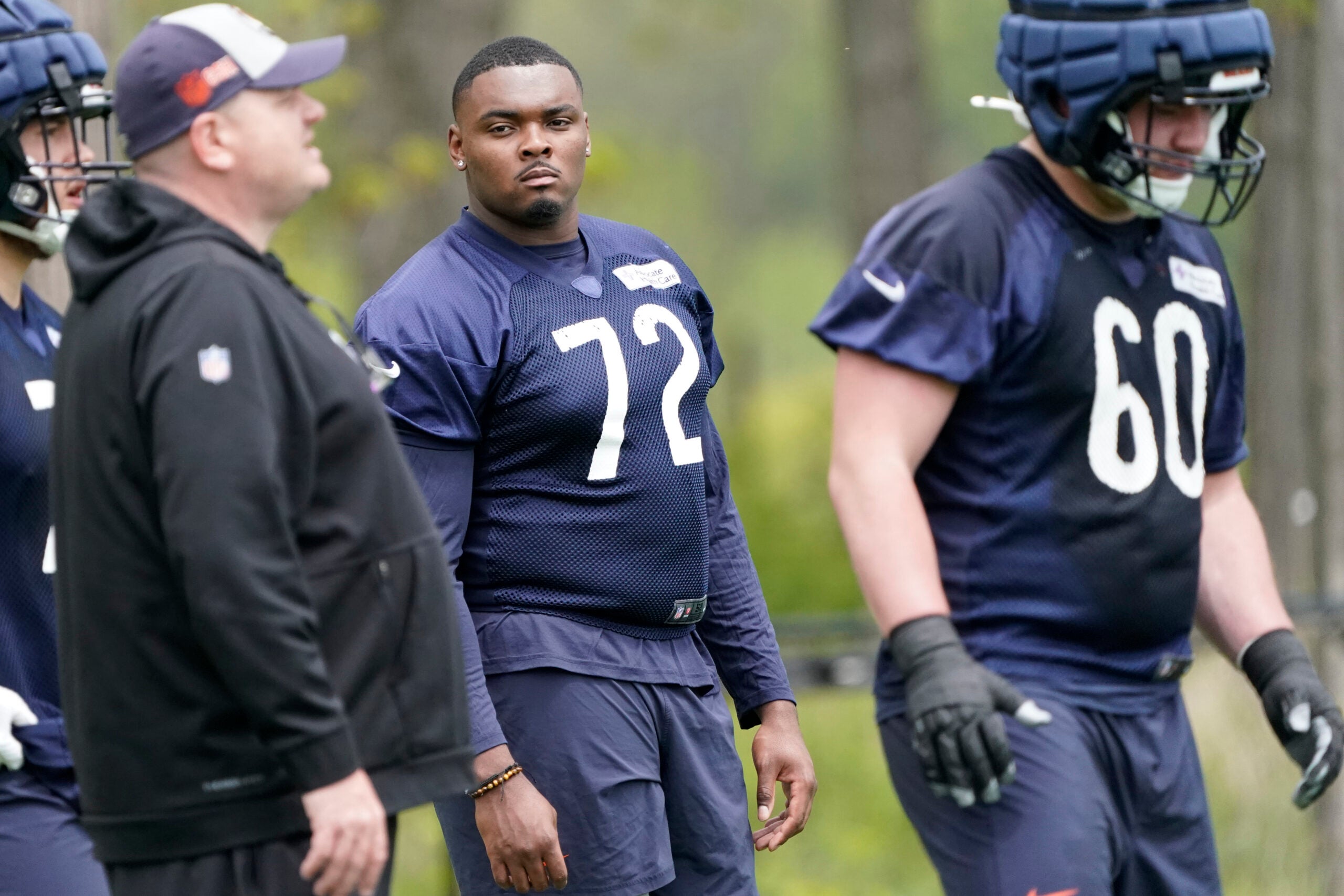 May 10, 2024; Lake Forest, IL, USA; Chicago Bears offensive lineman Kiran Amegadjie (72) during Chicago Bears rookie minicamp at Halas Hall.