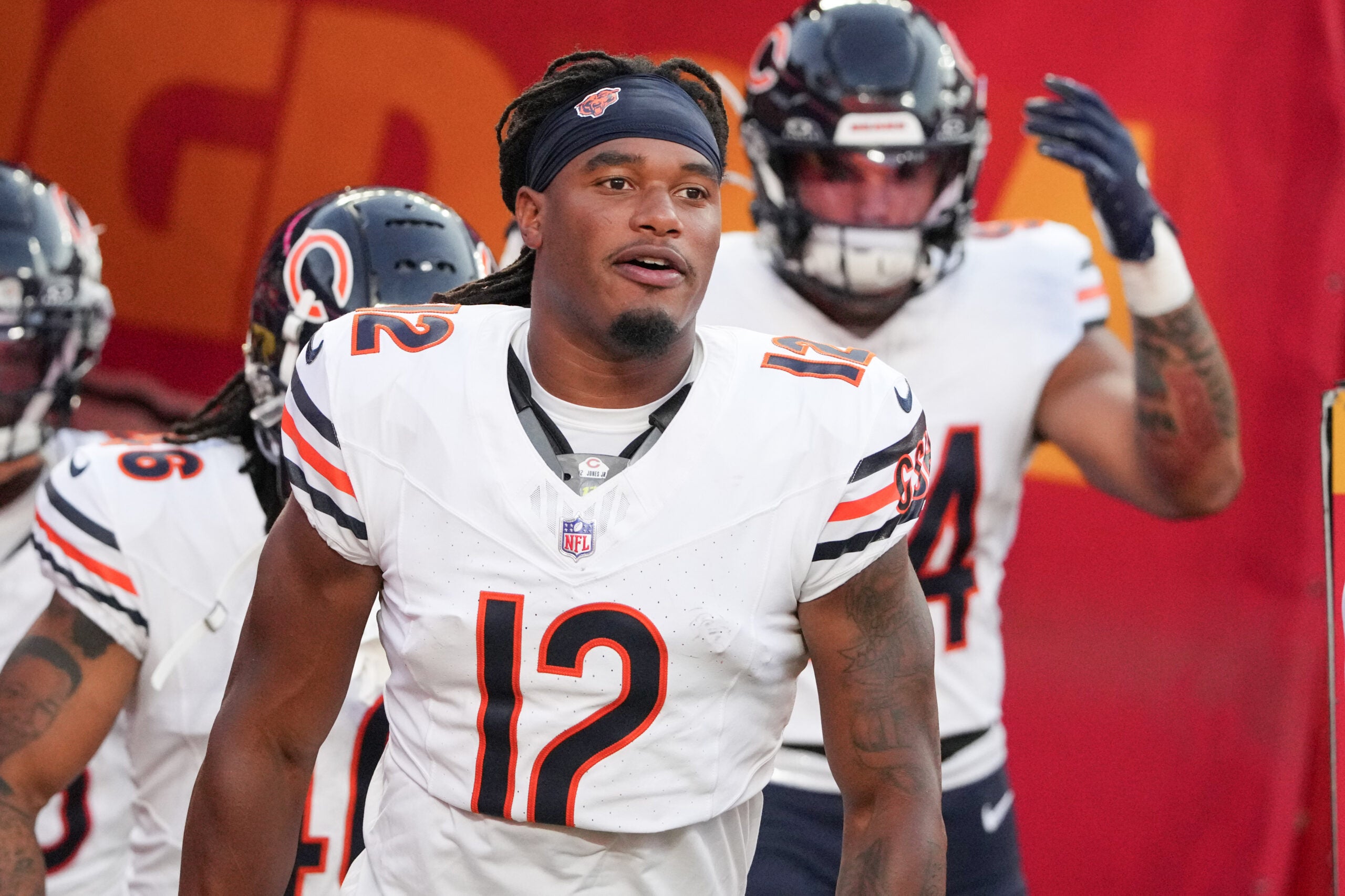 Aug 22, 2024; Kansas City, Missouri, USA; Chicago Bears wide receiver Velus Jones Jr. (12) runs onto the field against the Kansas City Chiefs prior to a game at GEHA Field at Arrowhead Stadium.
