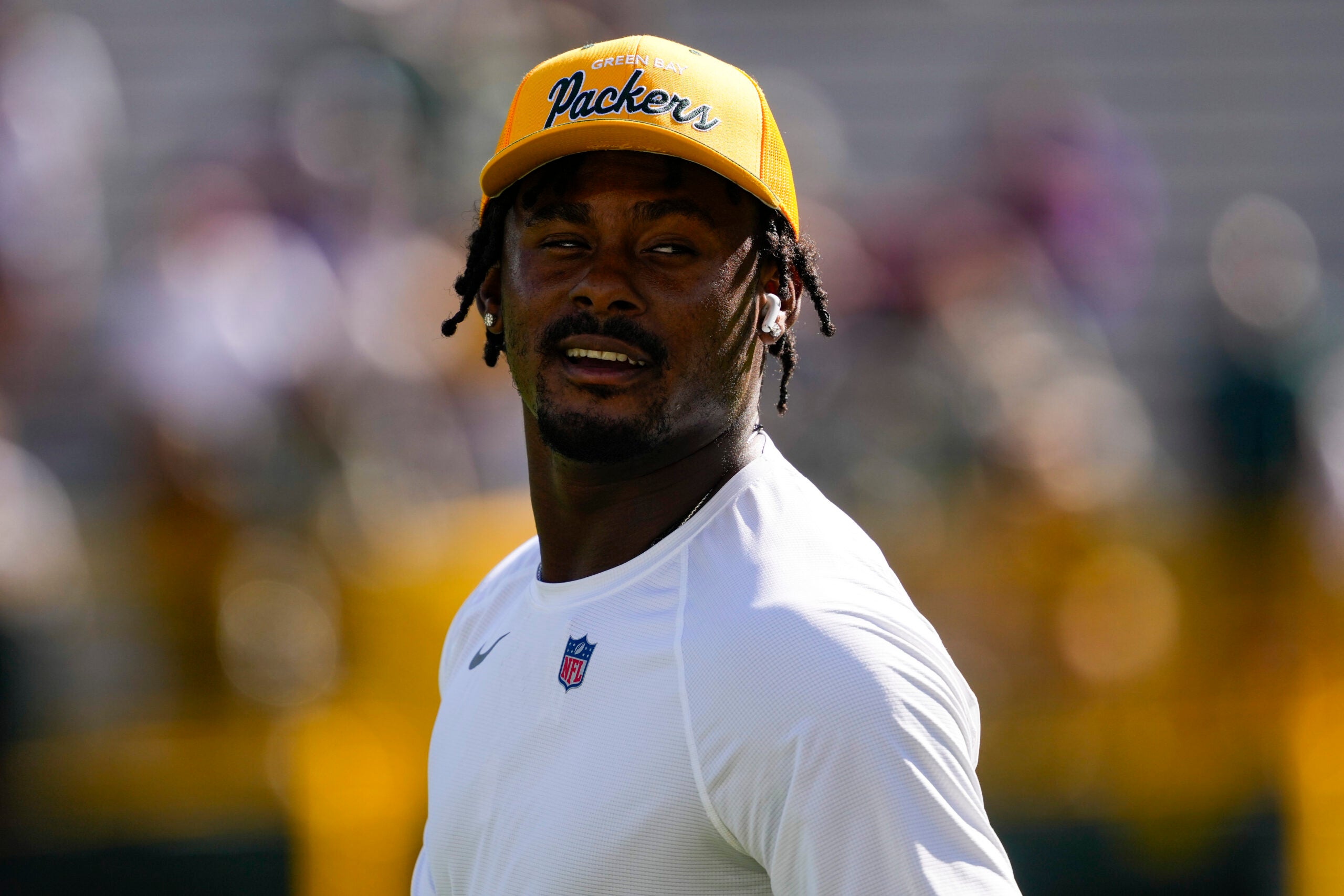 Sep 29, 2024; Green Bay, Wisconsin, USA; Green Bay Packers quarterback Malik Willis (2) looks on during warmups prior to the game against the Minnesota Vikings at Lambeau Field.