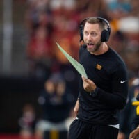 Sep 29, 2024; Glendale, Arizona, USA; Washington Commanders offensive coordinator Kliff Kingsbury against the Arizona Cardinals in the second half at State Farm Stadium.