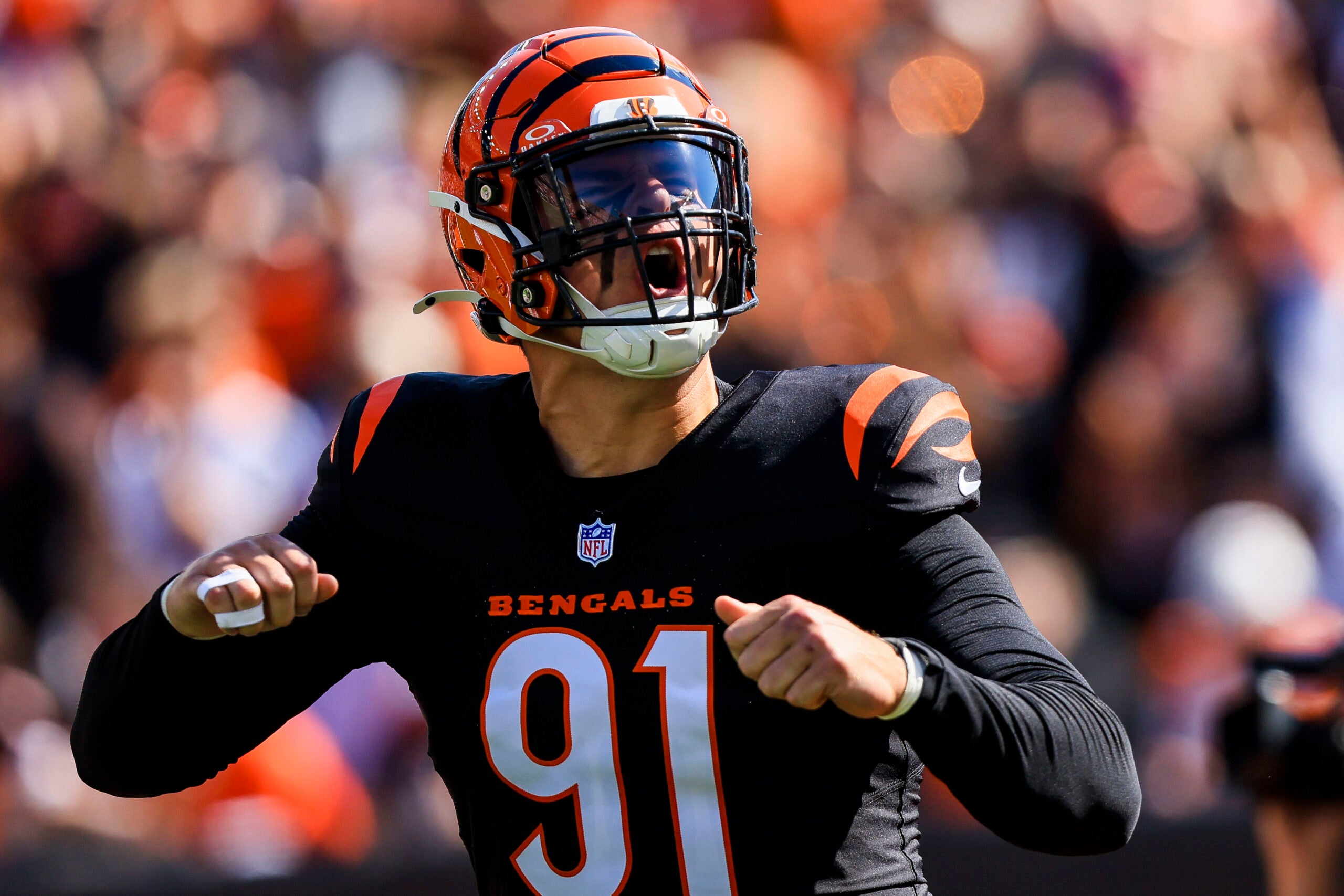 Oct 6, 2024; Cincinnati, Ohio, USA; Cincinnati Bengals defensive end Trey Hendrickson (91) runs onto the field before the game against the Baltimore Ravens at Paycor Stadium.