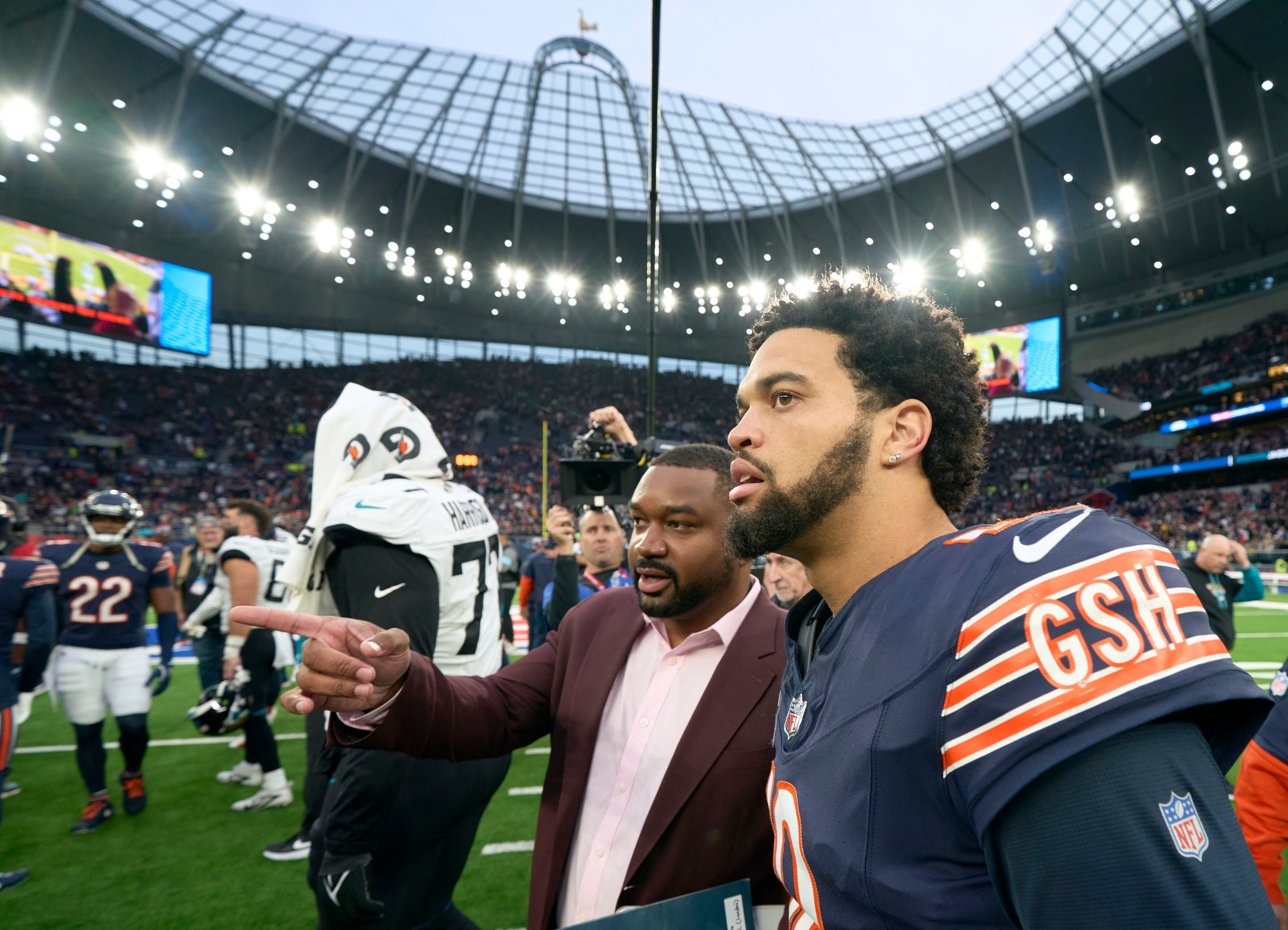 Oct 13, 2024; London, United Kingdom; Chicago Bears quarterback Caleb Williams (18) on the field after the second half of an NFL International Series game at Tottenham Hotspur Stadium.