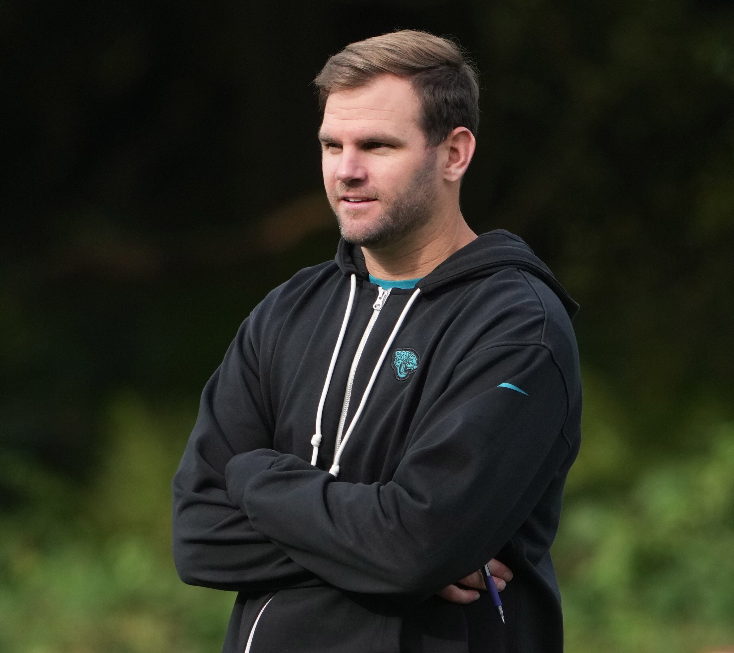 Oct 17, 2024; Watford, United Kingdom; Jacksonville Jaguars offensive coordinator Press Taylor during practice at The Grove.