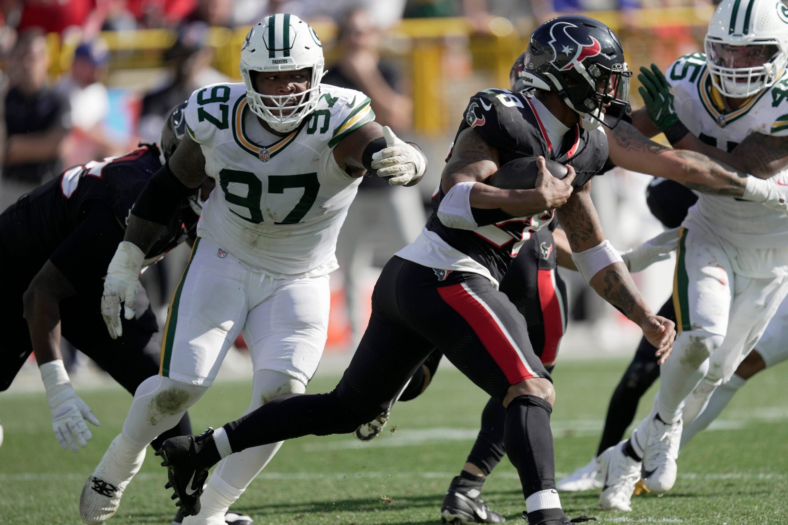 Green Bay Packers defensive tackle Kenny Clark (97) is shown during the third quarter of their game Sunday, October 20, 2024 at Lambeau Field in Green Bay, Wisconsin.