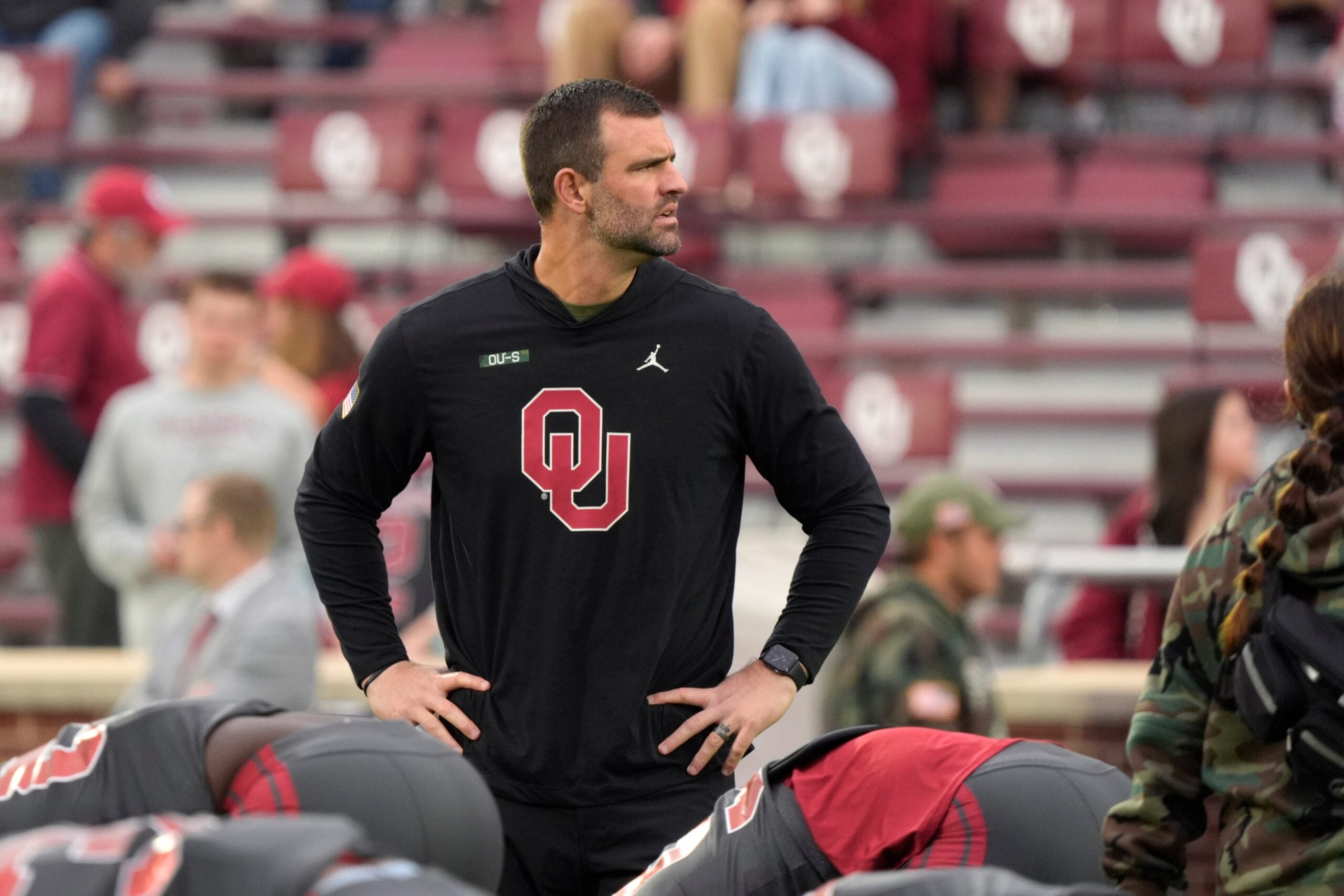 Oklahoma's Joe Jon Finley stands on the field before a college football game between the University of Oklahoma Sooners (OU) and the Maine Black Bears at Gaylord Family - Oklahoma Memorial Stadium in Norman, Okla., Saturday, Nov. 2, 2024.