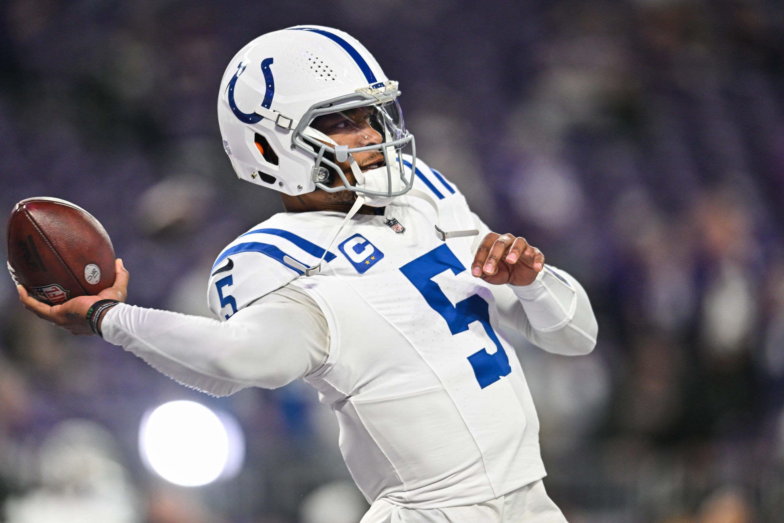 Nov 3, 2024; Minneapolis, Minnesota, USA; Indianapolis Colts quarterback Anthony Richardson (5) warms up before the game against the Minnesota Vikings at U.S. Bank Stadium.