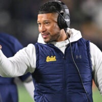 Nov 9, 2024; South Bend, Indiana, USA; Notre Dame Fighting Irish head coach Marcus Freeman reacts after a Fighting Irish touchdown against the Florida State Seminoles in the third quarter at Notre Dame Stadium. Mandatory Credit: Matt Cashore-Imagn Images