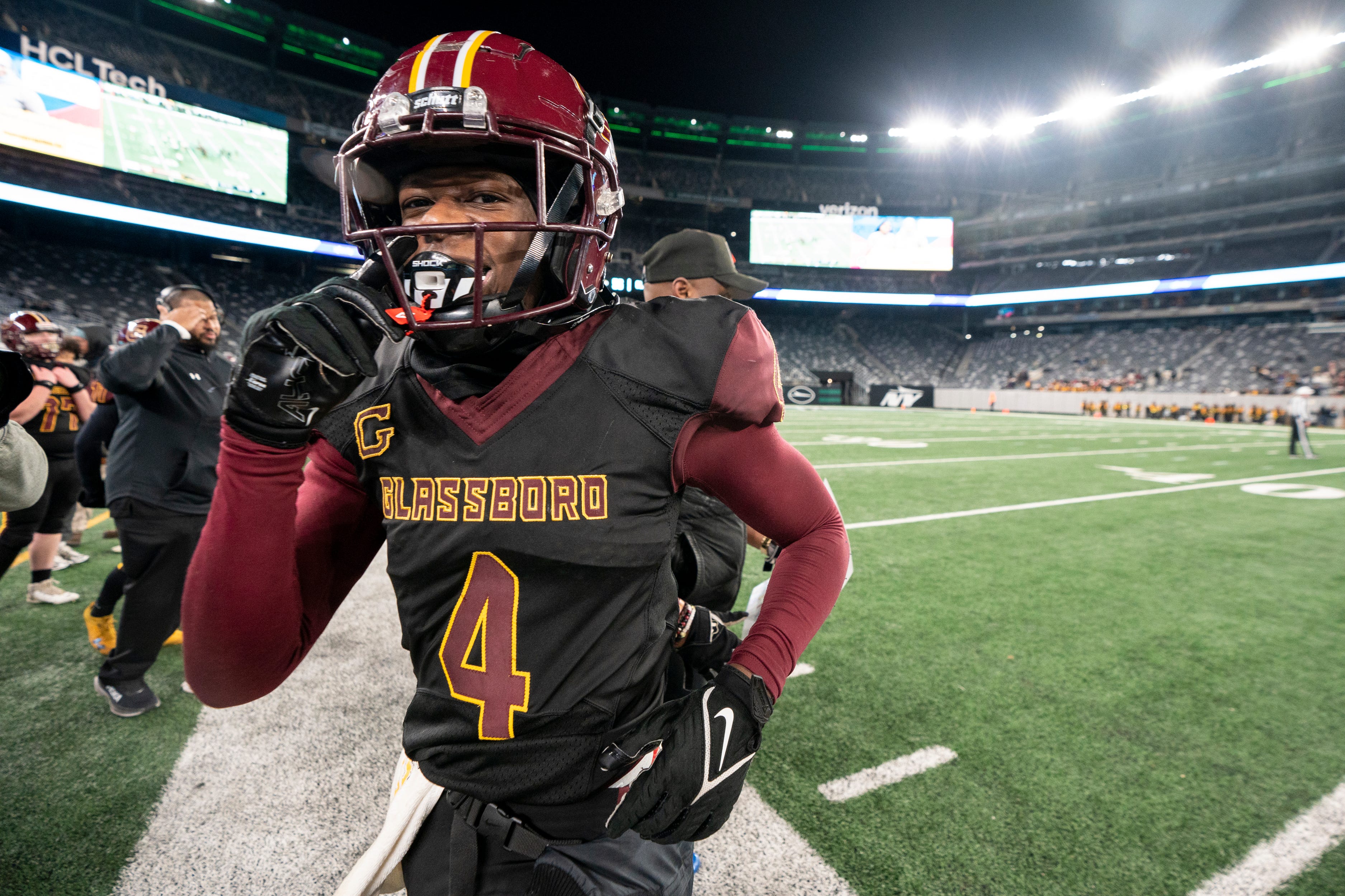 Glassboro #4 Amari Sabb celebrates during the NJSIAA Group 1 championship game against Cedar Grove on Friday, Nov. 29, 2024, at MetLife Stadium, East Rutherford, NJ.