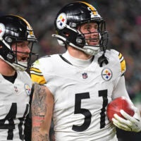 Dec 15, 2024; Philadelphia, Pennsylvania, USA; Pittsburgh Steelers long snapper Christian Kuntz (46) and linebacker Nick Herbig (51) against the Philadelphia Eagles at Lincoln Financial Field.