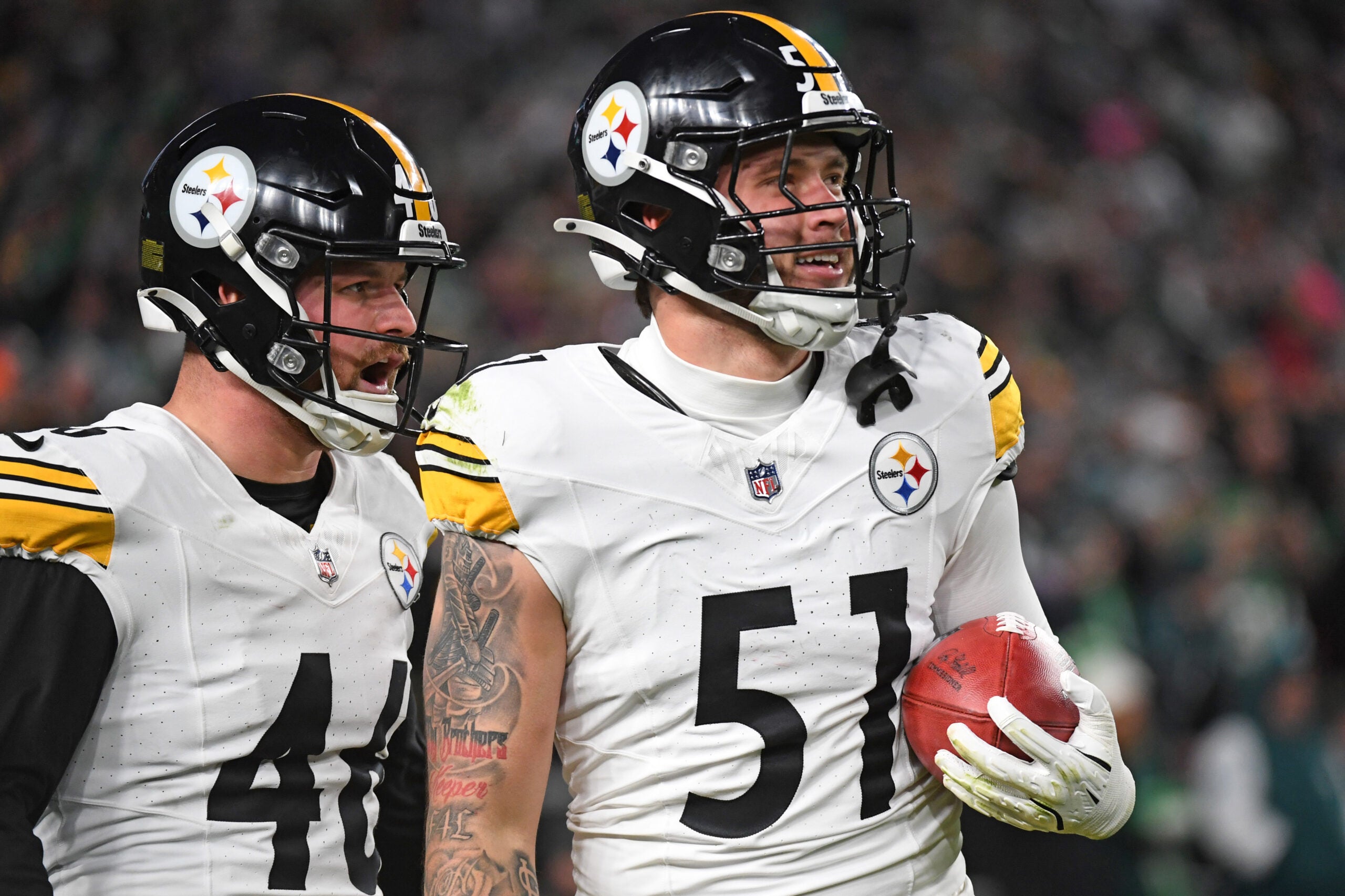 Dec 15, 2024; Philadelphia, Pennsylvania, USA; Pittsburgh Steelers long snapper Christian Kuntz (46) and linebacker Nick Herbig (51) against the Philadelphia Eagles at Lincoln Financial Field.