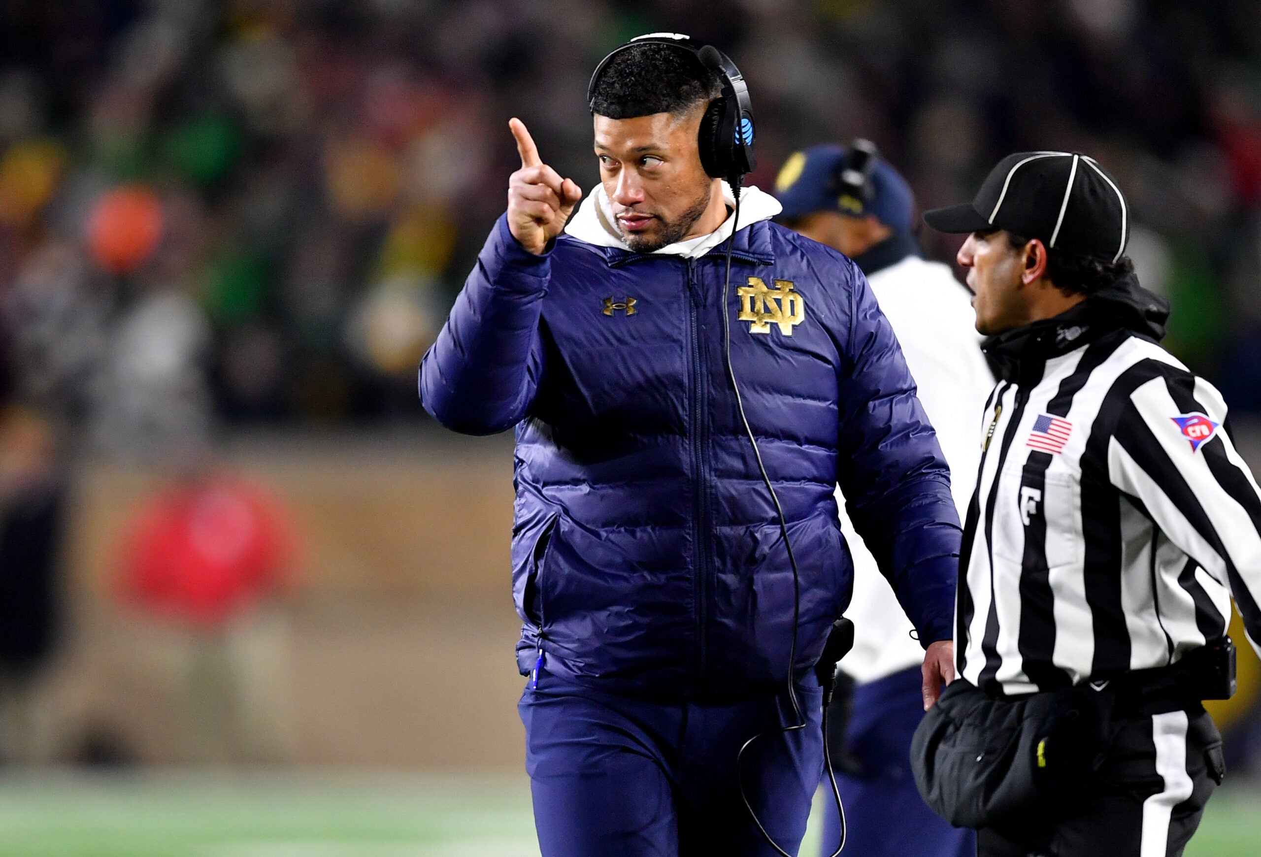 Dec 20, 2024; Notre Dame, Indiana, USA; Notre Dame Fighting Irish head coach Marcus Freeman during the third quarter against the Indiana Hoosiers at Notre Dame Stadium. Mandatory Credit: Matt Cashore-Imagn Images