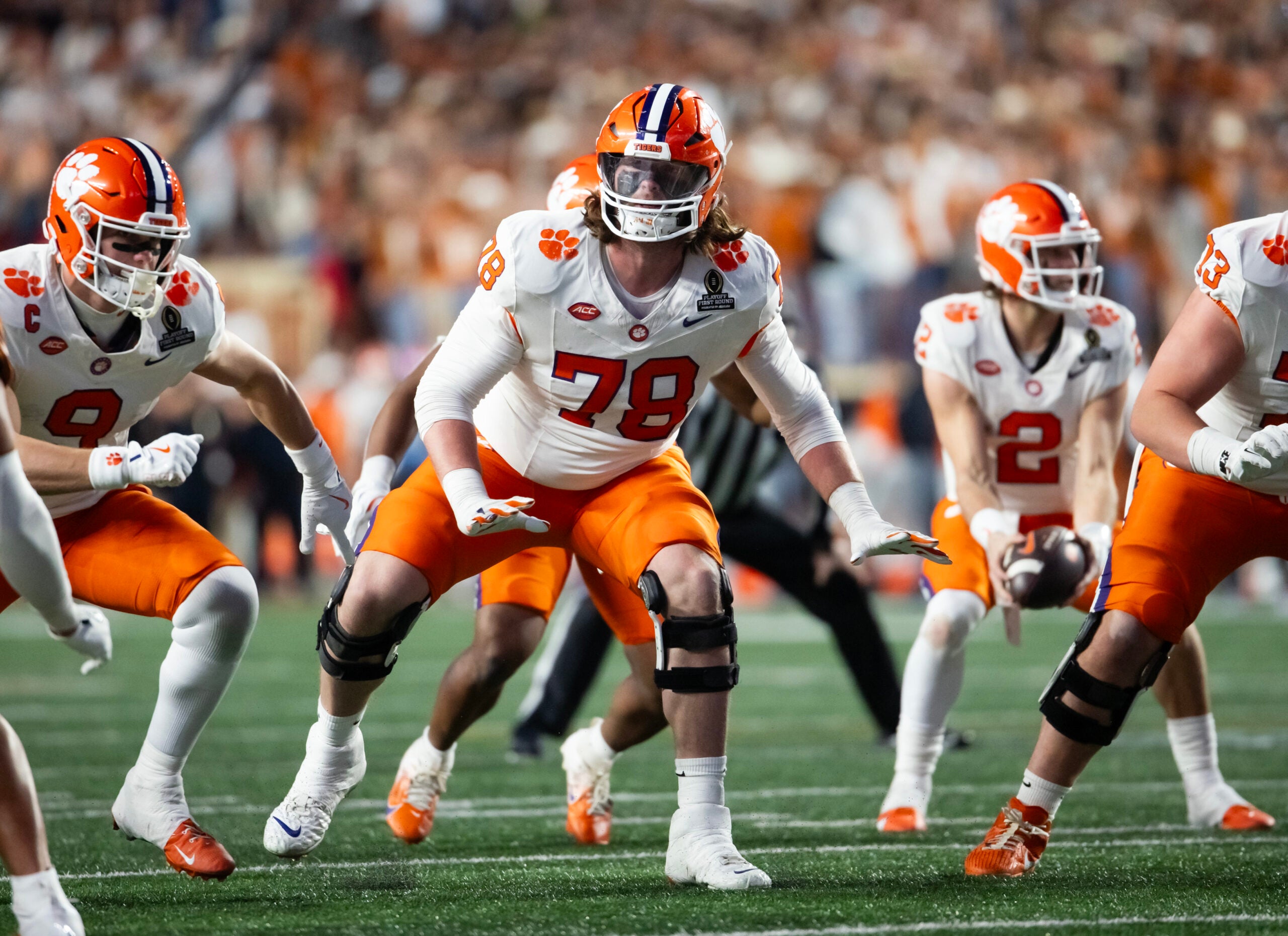 Dec 21, 2024; Austin, Texas, USA; Clemson Tigers offensive lineman Blake Miller (78) against the Texas Longhorns during the CFP National playoff first round at Darrell K Royal-Texas Memorial Stadium.