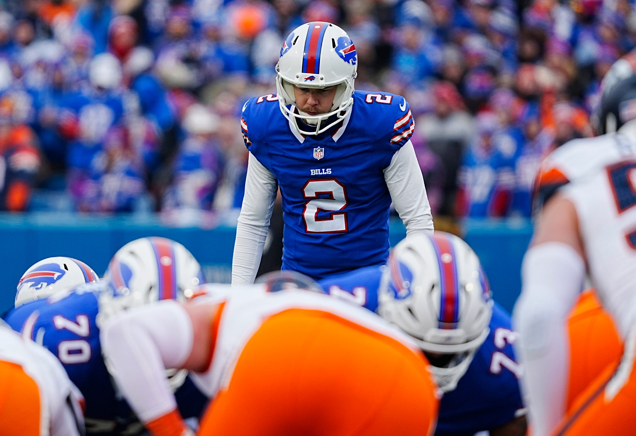 Buffalo Bills place kicker Tyler Bass gets ready to kick a field goal during the first half of the Buffalo Bills wild card game against the Denver Broncos at Highmark Stadium in Orchard Park on Jan. 12, 2025.