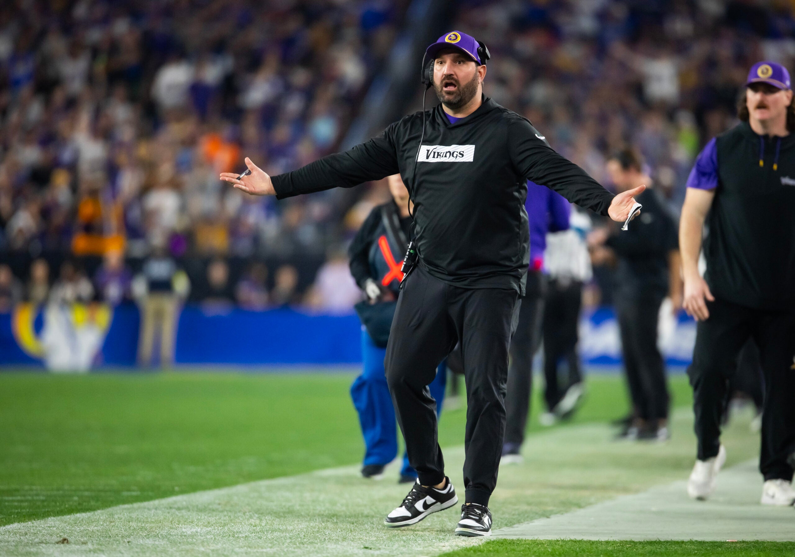 Jan 13, 2025; Glendale, AZ, USA; Minnesota Vikings assistant wide receivers coach Tony Sorrentino against the Los Angeles Rams during an NFC wild card game at State Farm Stadium.