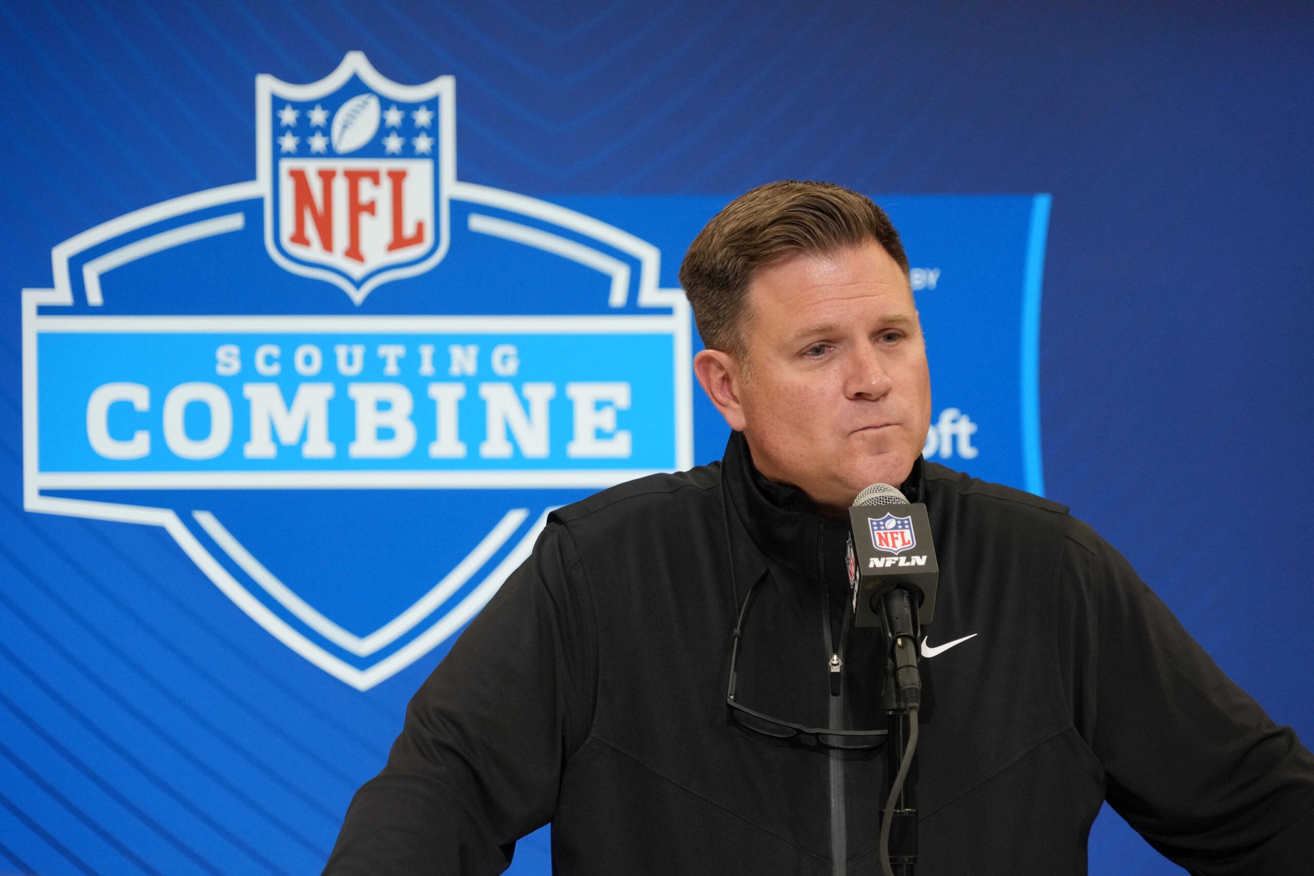 Feb 25, 2025; Indianapolis, IN, USA; Green Bay Packers general manager Brian Gutekunst speaks during the NFL Scouting Combine at the Indiana Convention Center.